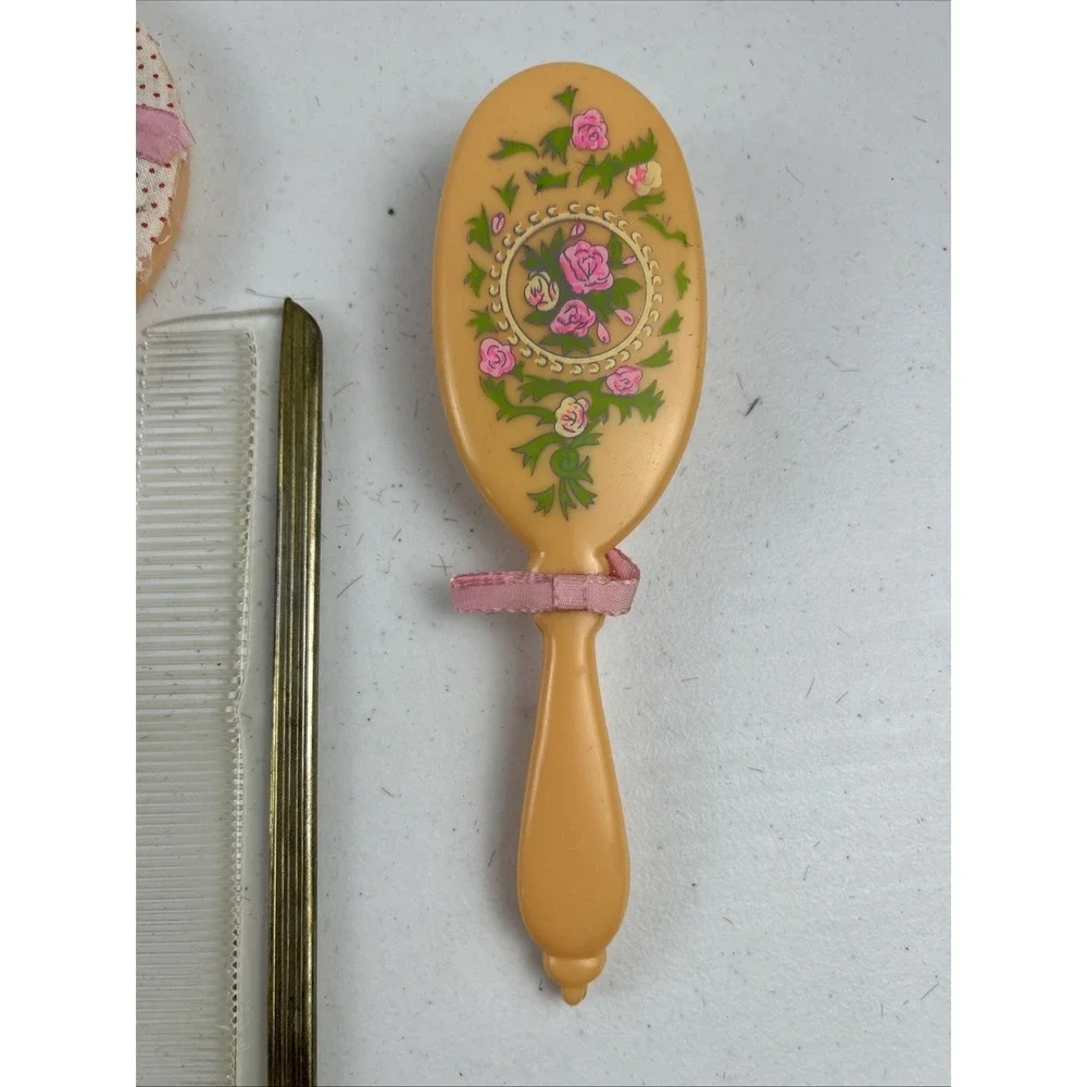 Vintage Child's Doll Face Kitschy Hand Vanity Mirror, Comb, Brush Set